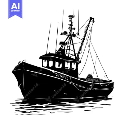 Aset desain premium: Black and White Silhouette of a Fishing Boat in the Water