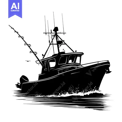 Premium design asset: Silhouette of a Fishing Boat with Rod and Reel
