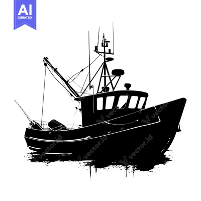 Silhouette of a Fishing Boat with a Mast and Equipment