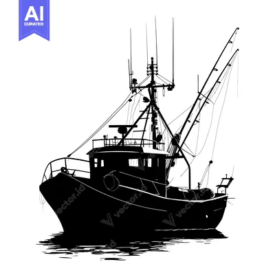Aset premium populer: Silhouette of a Fishing Boat with Mast and Ropes