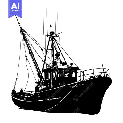 Silhouette of a Fishing Boat with a Mast and Ropes