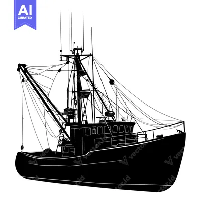 Silhouette of a Large Commercial Fishing Vessel with a Crane