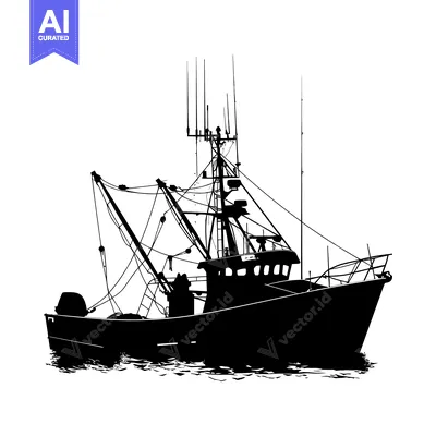 Aset desain premium: Silhouette of a Fishing Boat with Multiple Masts and Ropes
