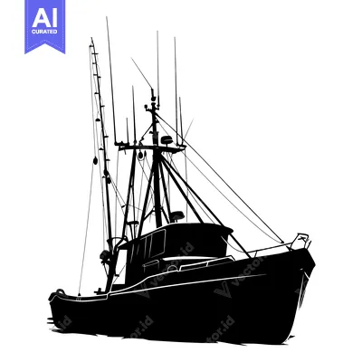 Silhouette of a Large Commercial Fishing Vessel with Multiple Masts an