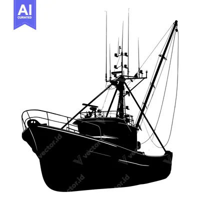 Aset desain premium: Black and white silhouette of a fishing boat with a crane