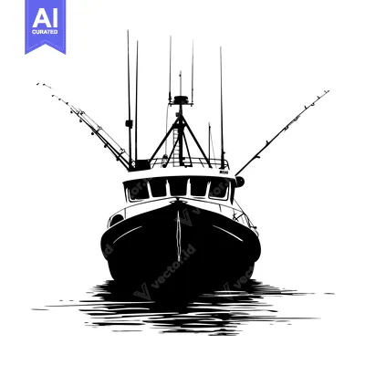 Black and White Silhouette of a Fishing Boat with Rod