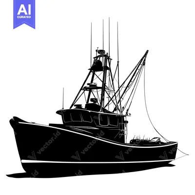 Aset desain premium: A Black and White Silhouette of a Fishing Boat with a Long Boom
