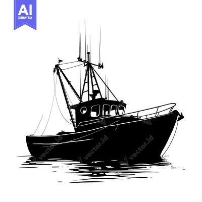 Black and White Silhouette of a Fishing Boat on Water