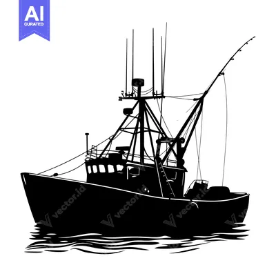 Aset desain premium: Silhouette of a fishing boat with a fishing rod in the water