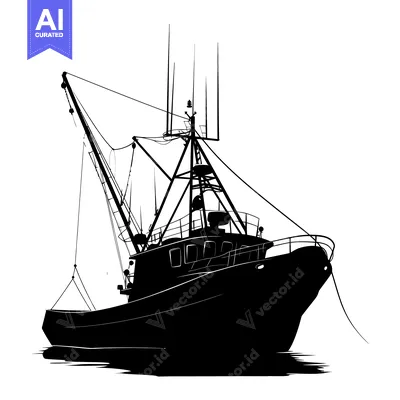 Aset premium populer: Black and White Silhouette of a Fishing Boat with Mast and Rigging