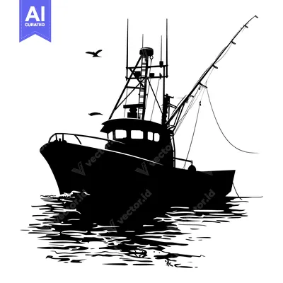 Silhouette of a Fishing Boat with a Rod and a Bird Flying Overhead