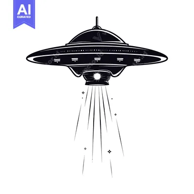 A Black and White Silhouette of a UFO with Beams Emitting From Its Bas
