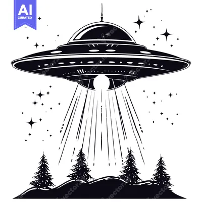 Premium design asset: Black and White Illustration of a UFO Hovering Over a Forest