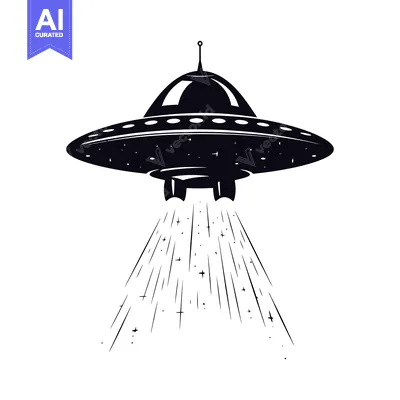 Aset desain premium: Black and White Illustration of a Flying Saucer with a Beam of Light