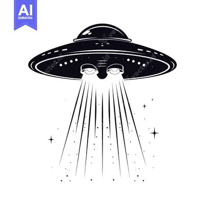 Aset premium populer: A black and white illustration of a UFO with beams of light emanating