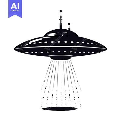 Premium design asset: A Black and White Silhouette of a UFO Hovering Above a Beam of Light