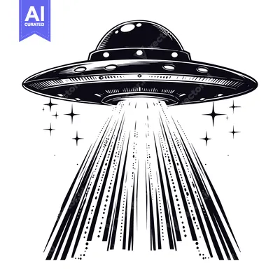 Premium design asset: Black and White Illustration of a UFO with a Beam of Light and Stars