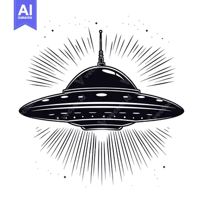 Aset desain premium: Black and White Illustration of a UFO with a Light Beam