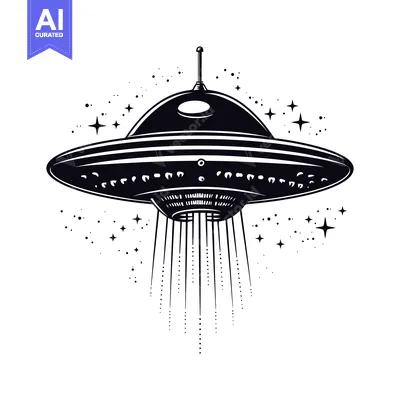 Aset premium populer: Black and White Illustration of a UFO with Stars and Beams of Light