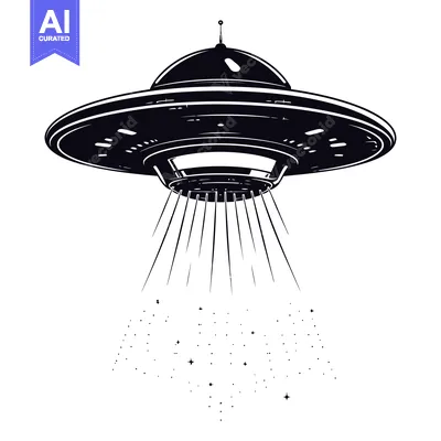 Black and White Illustration of a Flying Saucer with Beams of Light