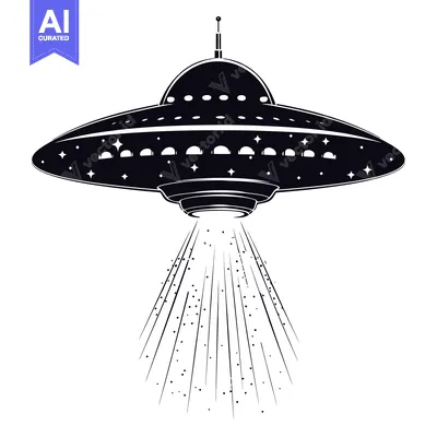 Aset desain premium: Black and White Silhouette of a Flying Saucer with Stars and a Beam of