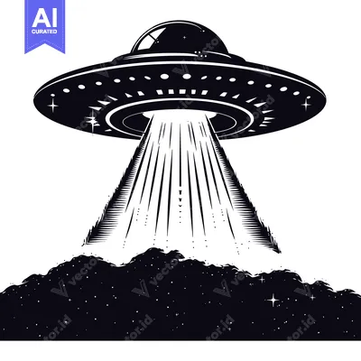 Aset desain premium: A black and white illustration of a flying saucer emitting a bright be