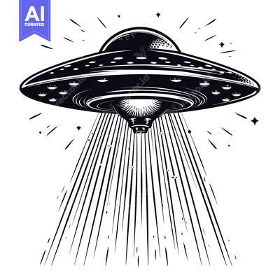 A Black and White Illustration of a UFO With a Beam of Light