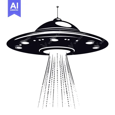 Aset desain premium: Black and White Illustration of a UFO with Beam of Light