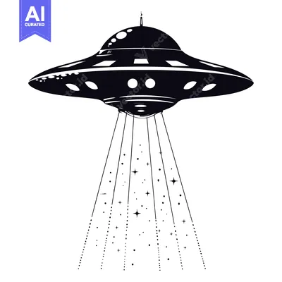 A black and white silhouette of a UFO with beams of light and stars