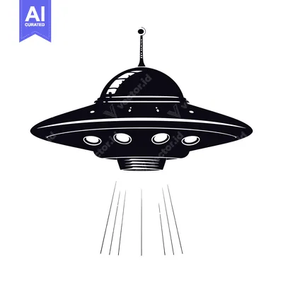 Aset desain premium: Black and White Silhouette of a Flying Saucer with Lights