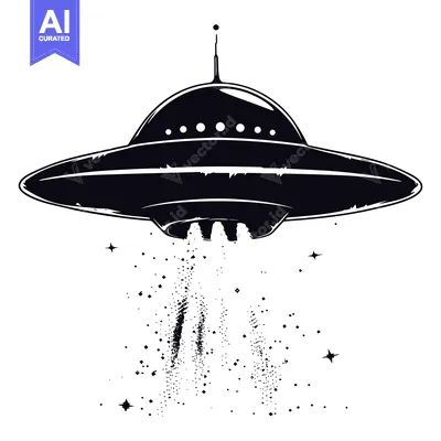 Aset desain premium: A Black and White Silhouette of a Flying Saucer with Dust Trails