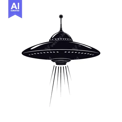 Aset desain premium: Black and White Silhouette of a Flying Saucer with Beams of Light Emit