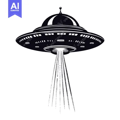 Black and white illustration of a UFO with beams of light