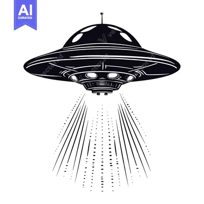 Aset premium populer: Black and white illustration of a UFO emitting light rays