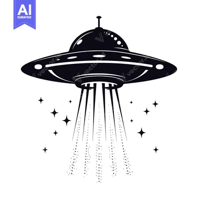 Black and White Illustration of a UFO with Beam of Light