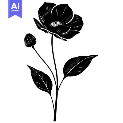 Aset desain premium: Black and White Silhouette of a Poppy Flower with Bud and Leaves