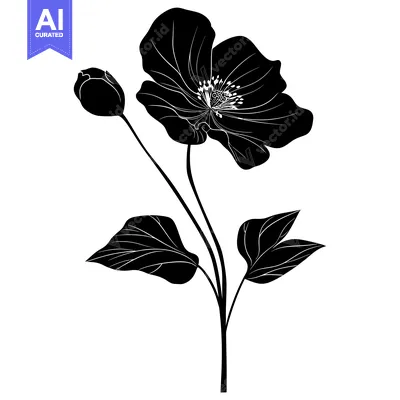 Aset premium populer: Black and White Silhouette of a Flower with Leaves