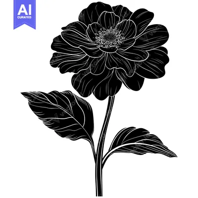 Aset desain premium: Black and White Illustration of a Single Flower with Leaves