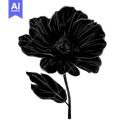 Aset desain premium: Black and White Silhouette of a Flower with a Single Leaf