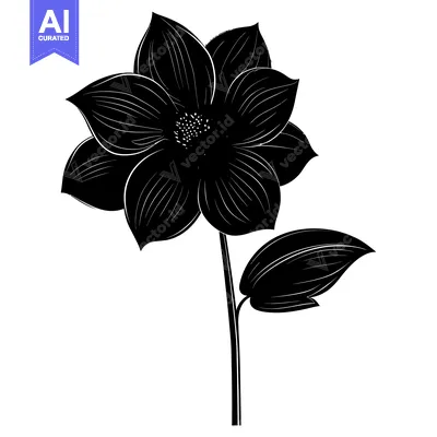 Premium design asset: Black and White Silhouetted Flower with a Single Leaf