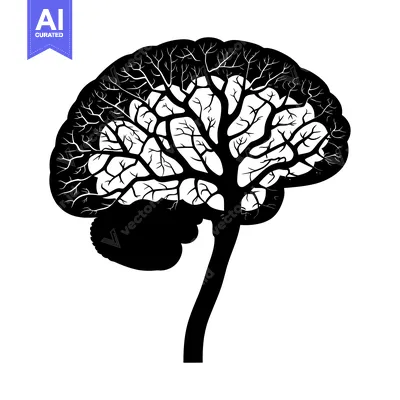 Aset desain premium: Black and White Silhouette of a Tree in the Shape of a Brain