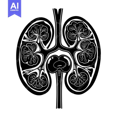 Black and White Illustration of a Human Kidney with Detailed Internal