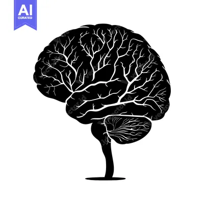 Aset desain premium: Black Silhouette of a Human Brain with a Tree Trunk as its Stem