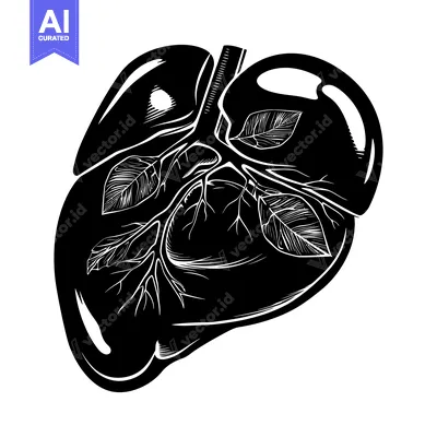 Aset desain premium: Black and White Illustration of Lungs with Leaves