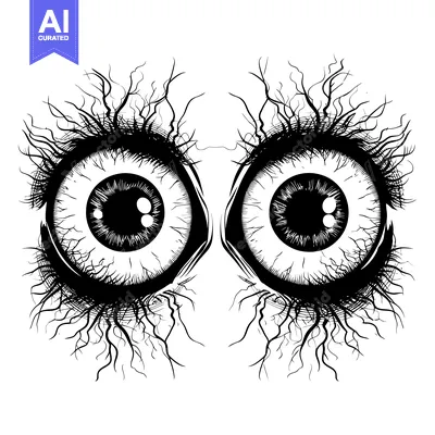Aset desain premium: A pair of black and white eyes with detailed eyelashes and veins