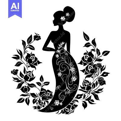 Aset desain premium: Silhouette of a Woman in a Floral Dress Surrounded by Roses
