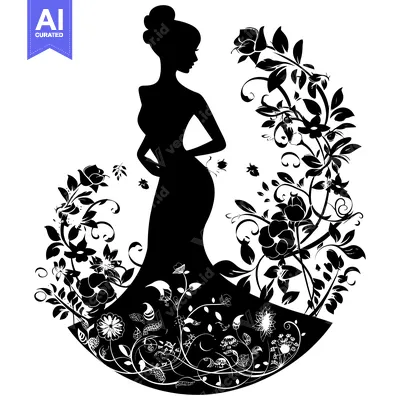 Aset desain premium: Silhouette of a Woman in a Dress Surrounded by Floral Vines