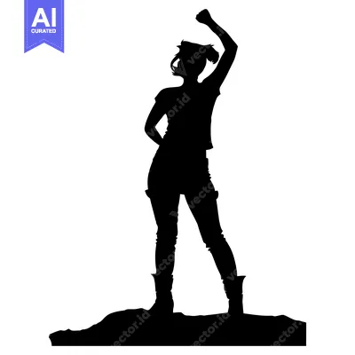 Aset desain premium: Silhouette of a Woman Standing on a Hill, Raising Her Fist in the Air