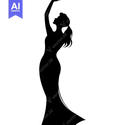 Aset desain premium: Silhouette of a Woman in a Long Dress with Her Arm Raised