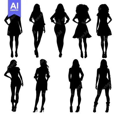 Aset premium populer: Silhouettes of Eight Women in Various Poses and Outfits